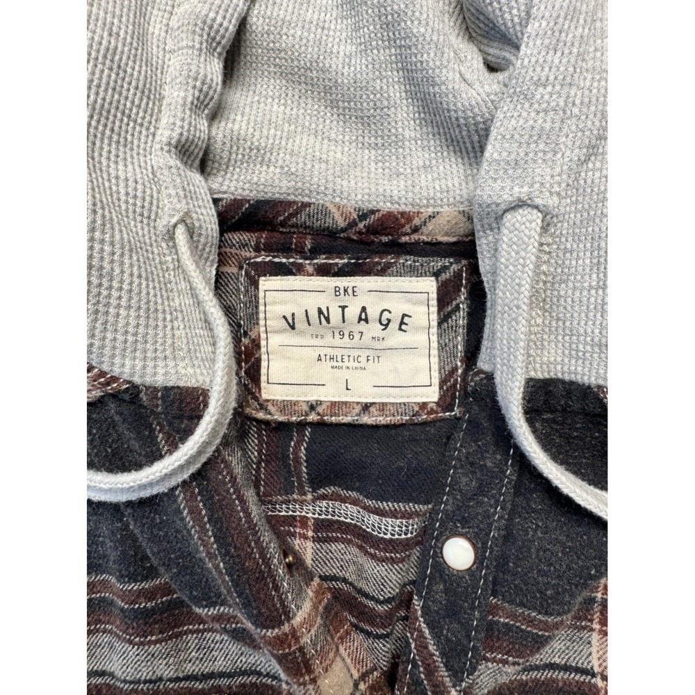 BKE Vintage Mens Athletic Fit Hooded Flannel Shirt Brown Plaid Pearl Snap Large